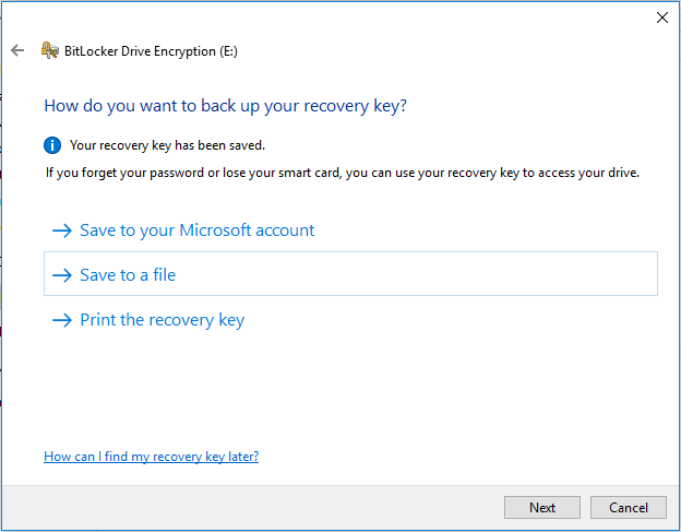 choose a way to back up the recovery key
