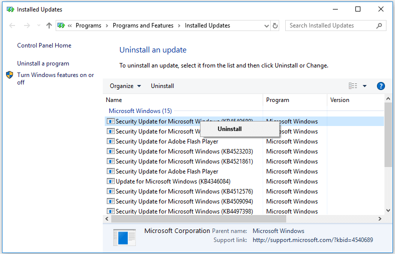 uninstall a Windows 10 update