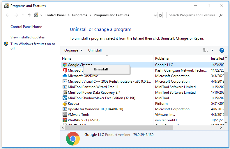 remove Chrome in Control Panel