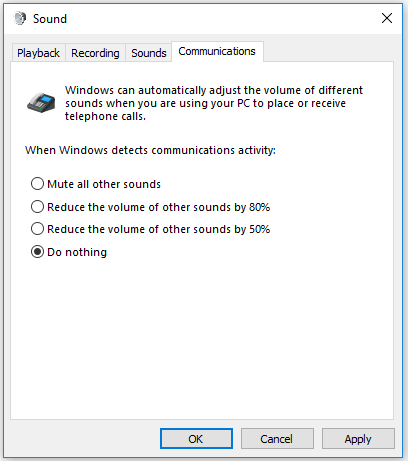 change communications settings Windows 10