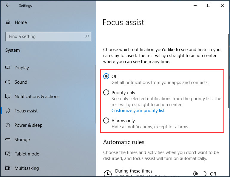 Windows 10 Focus assist in Settings