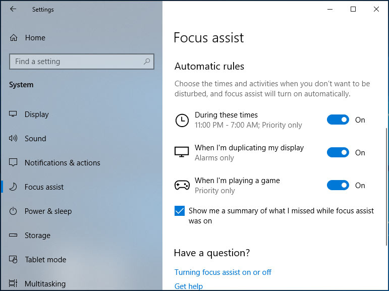 Focus assist automatic rules