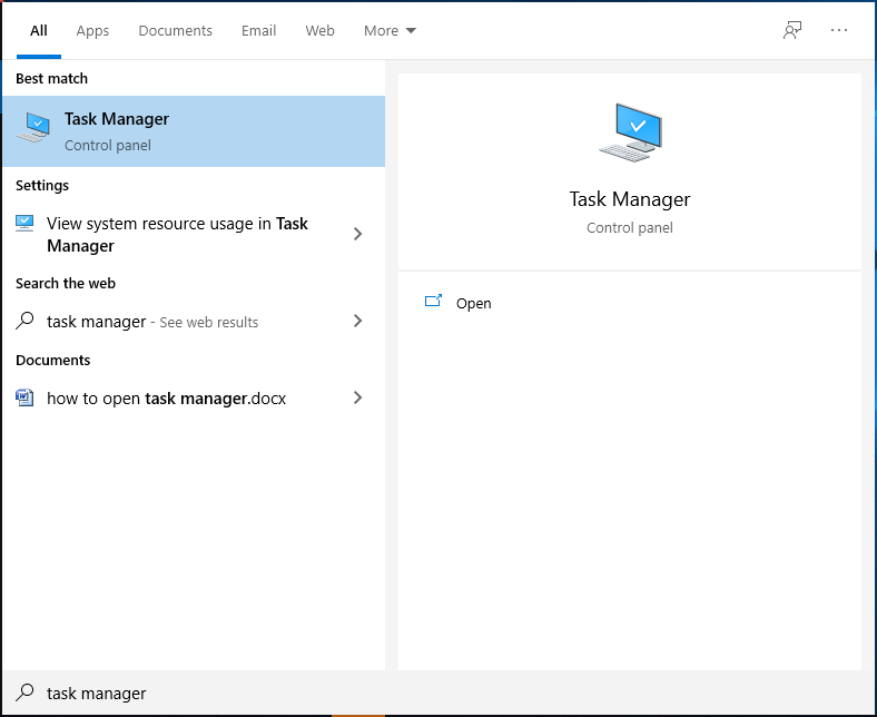 open Task Manager via the search box
