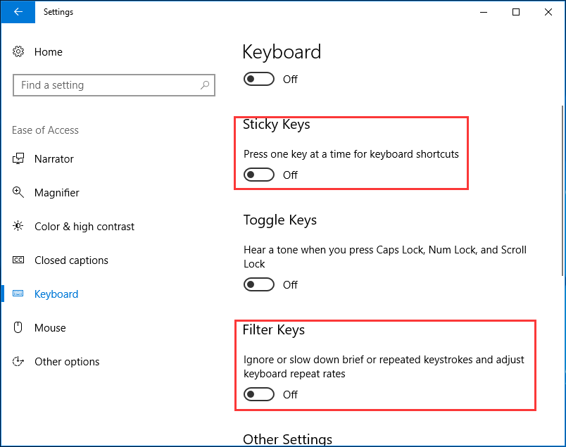 turn off Filter Keys and Sticky Keys