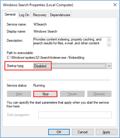 set Startup type to Disabled