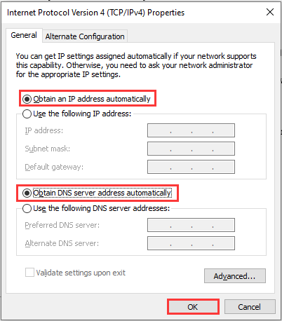 choose Obtain an IP address automatically