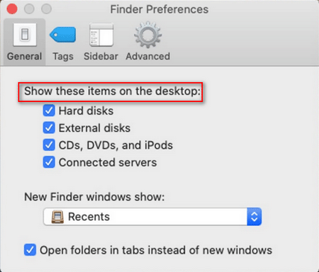 Show these items on the desktop