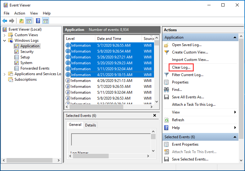 delete Win log files using Event Viewer