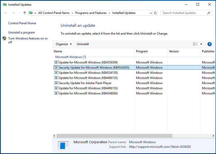 uninstall Windows update