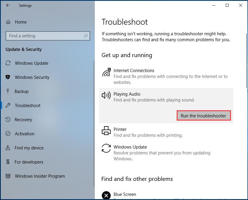 run playing audio troubleshooter