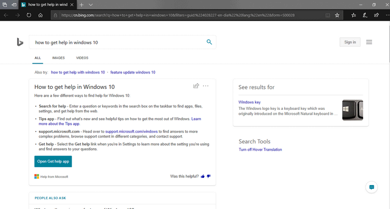 how to get help in windows 10 search page