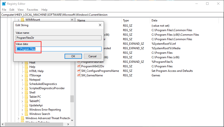 change default installation location via Registry Editor