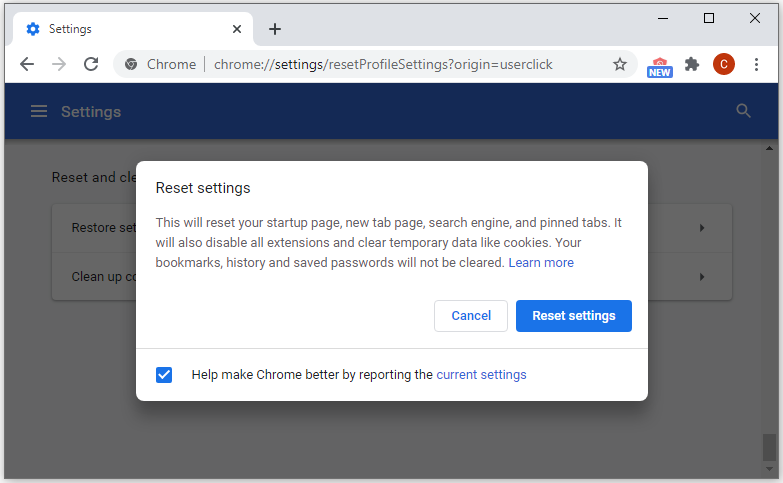 how to reset Google Chrome