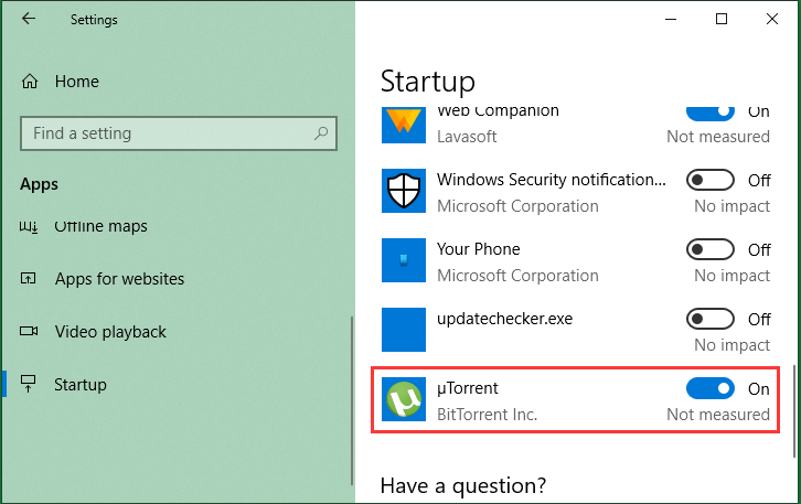 Switch off uTorrent Startup in Windows Settings