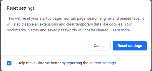 click Reset settings