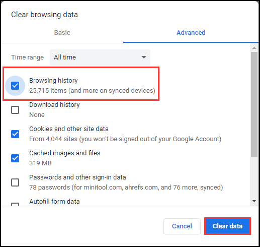 check the info you want to delete and click Clear data