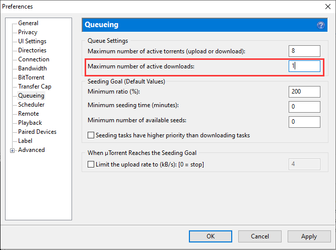 Set Maximum Number of Active Downloads to 1