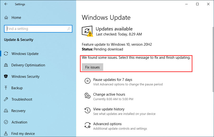 Fix issues button on Windows Update page