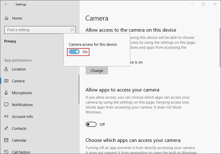 Camera access for this device