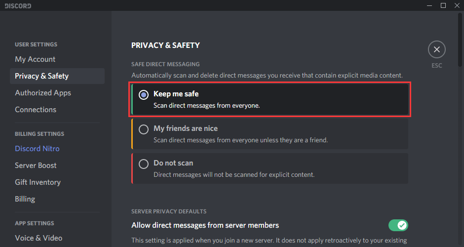 Discord Safe Direct Message Settings