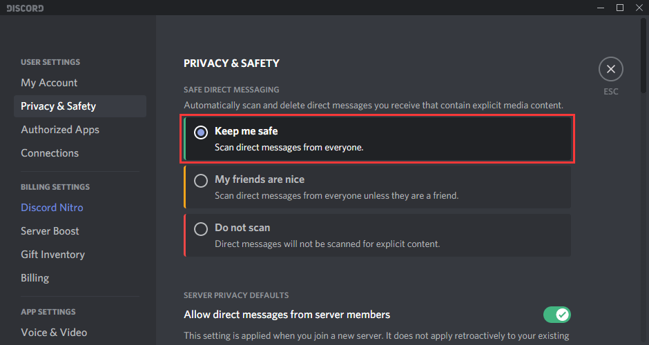 Discord Safe Direct Message Settings.