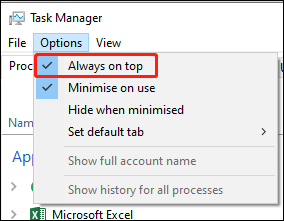 enable Always on top for Task Manager