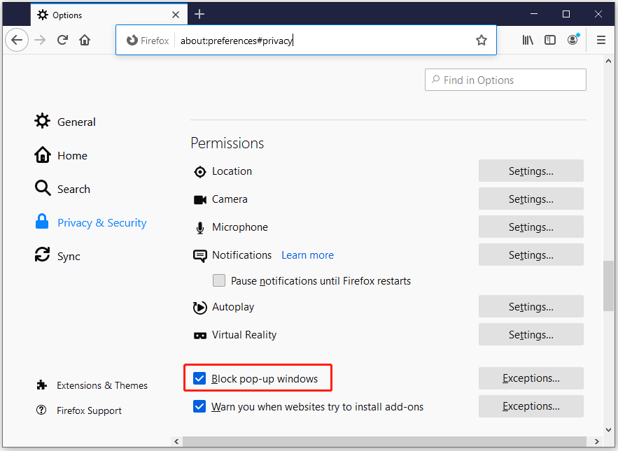 how to turn on the pop up blocker in firefox