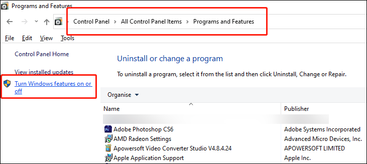 open Windows Features via Control Panel