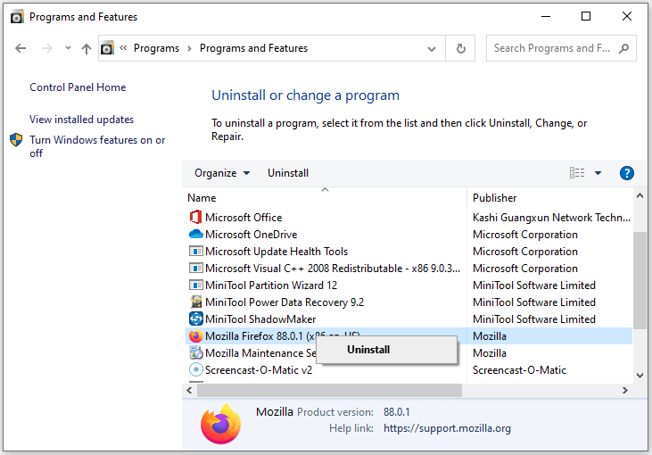 uninstall Firefox from Control Panel