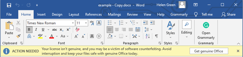 get genuine Office warning message