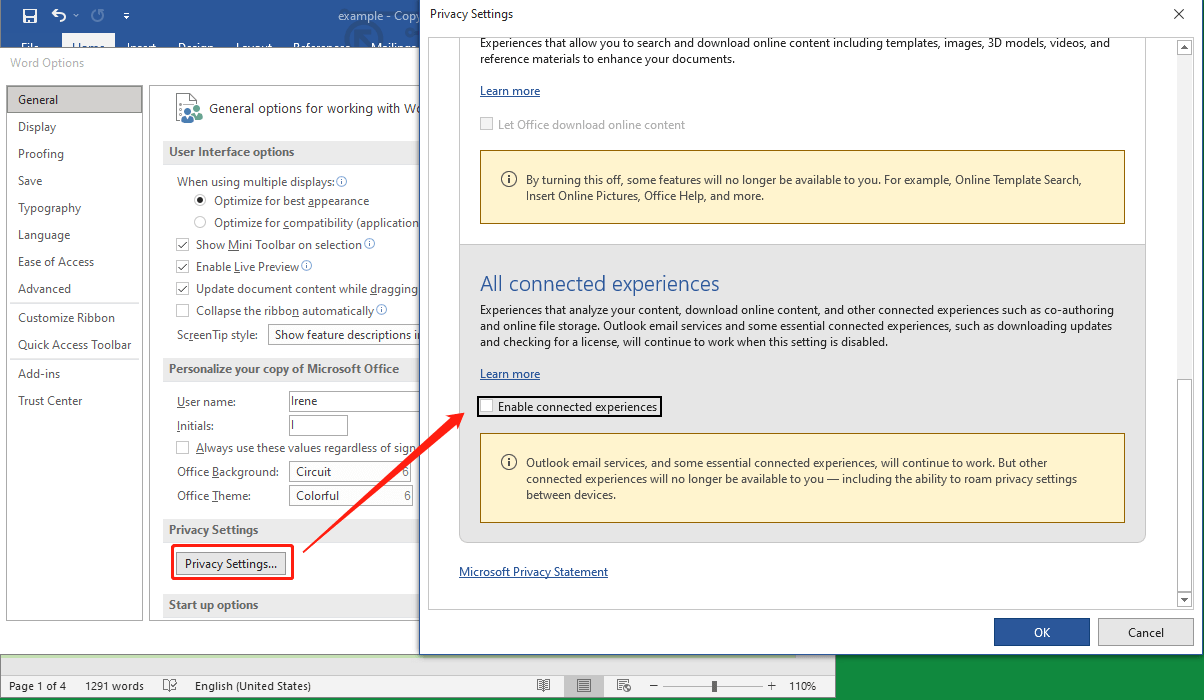 disable connected experience in Microsoft Word