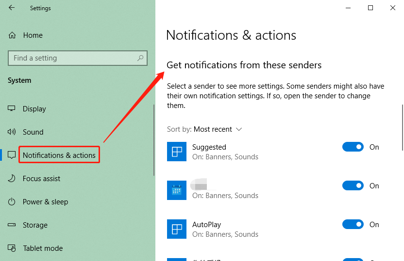 Windows notifications and actions settings