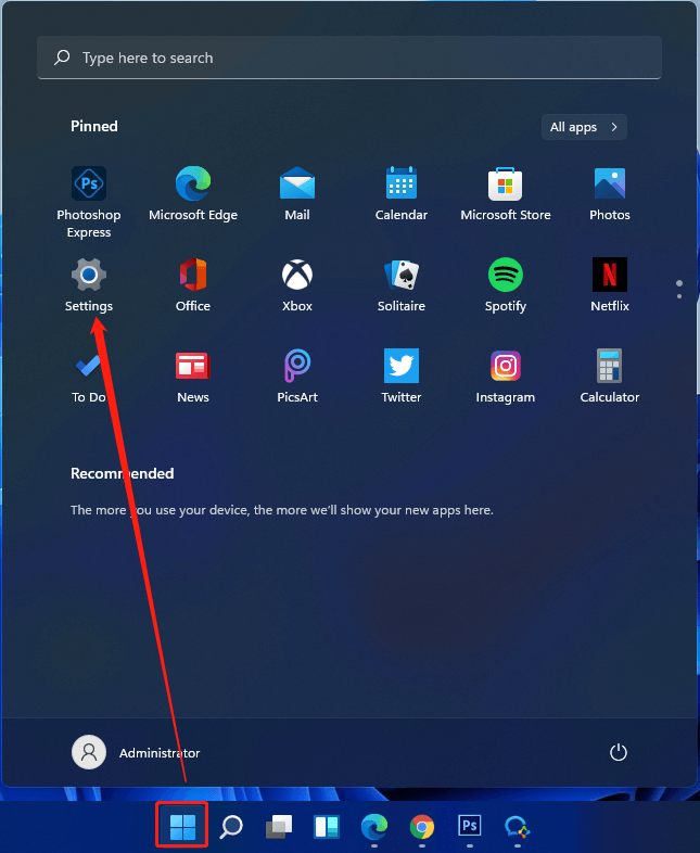 select Settings in Windows 11 Start menu