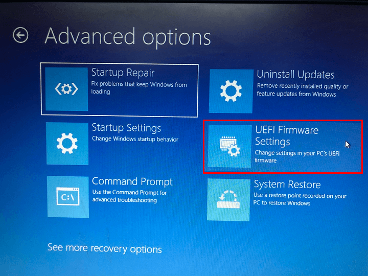 UEFI firmware settings in advanced recovery options