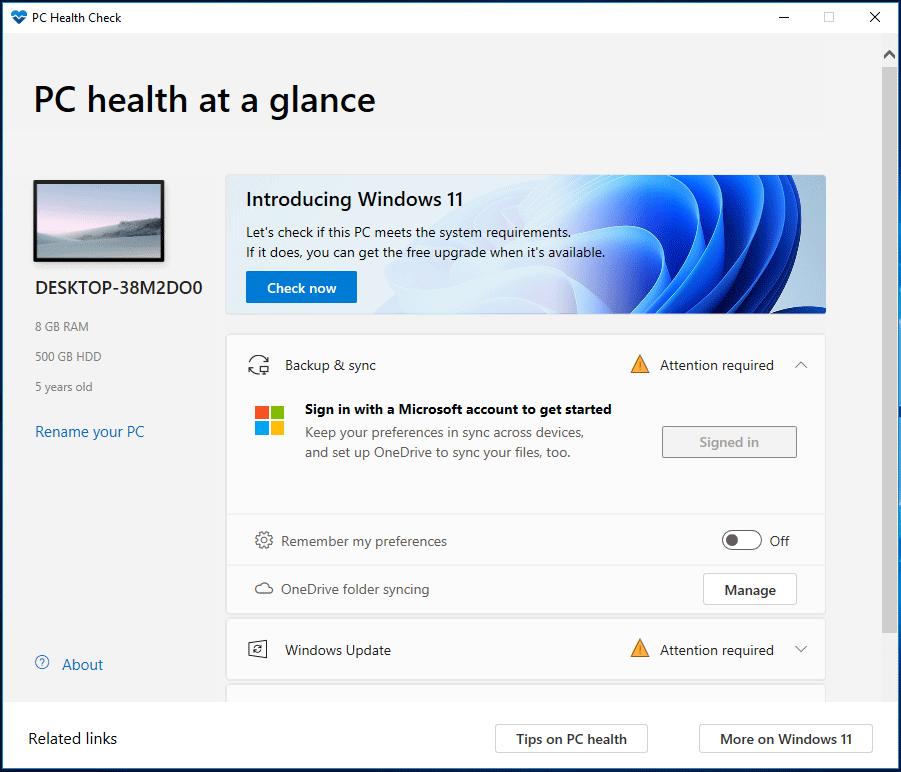 use PC Health Check tool to check if PC run Windows 11