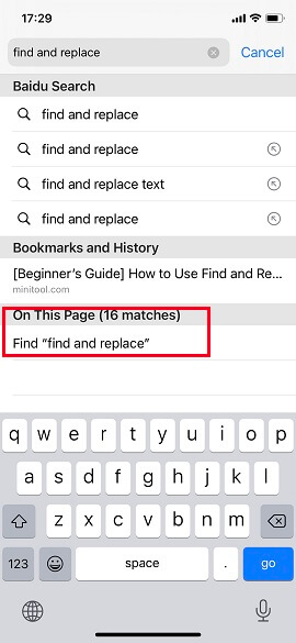 find specific item on Safari webpage