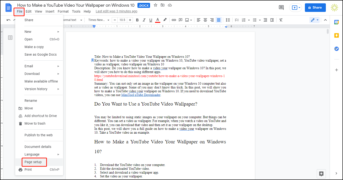 go to Page setup