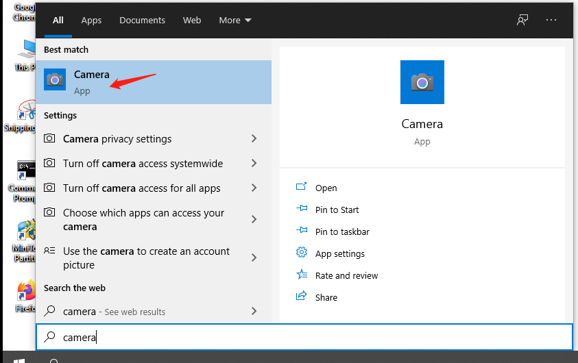 open Camera app in Windows 10