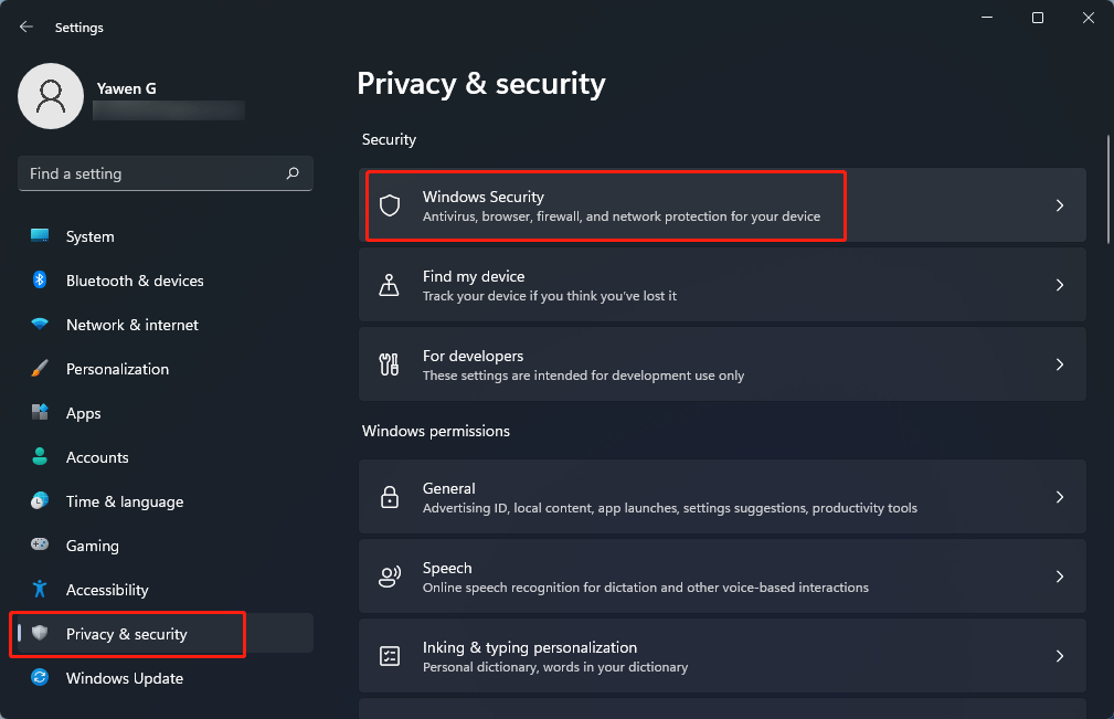 select Windows Security