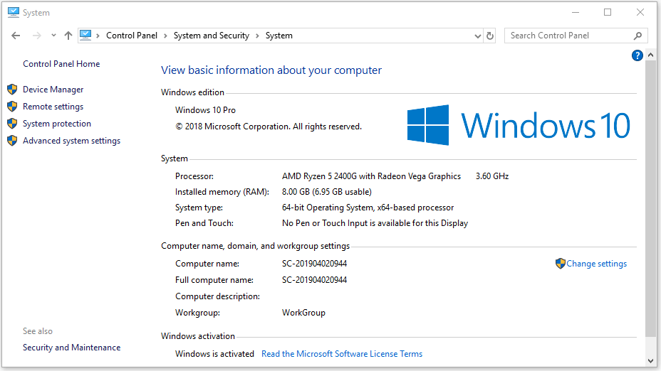 view system information Windows 10