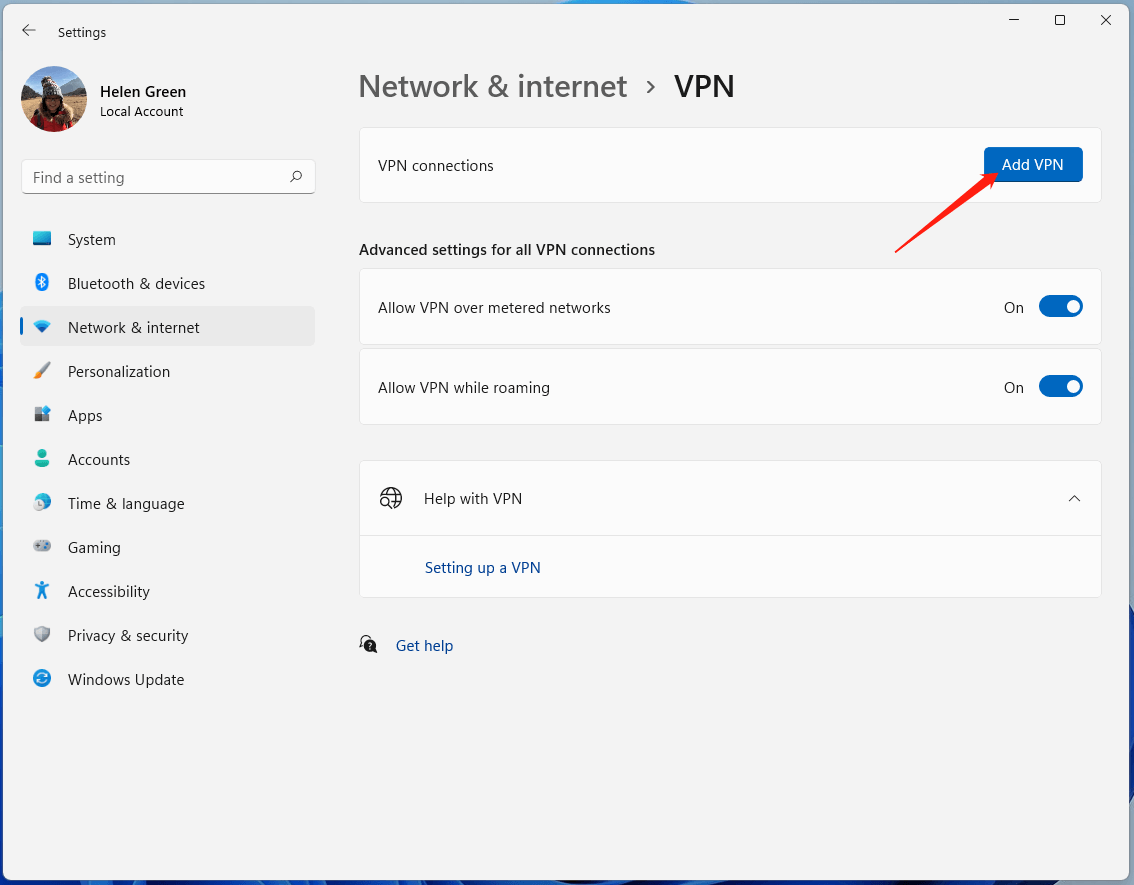 הוסף VPN בהגדרות