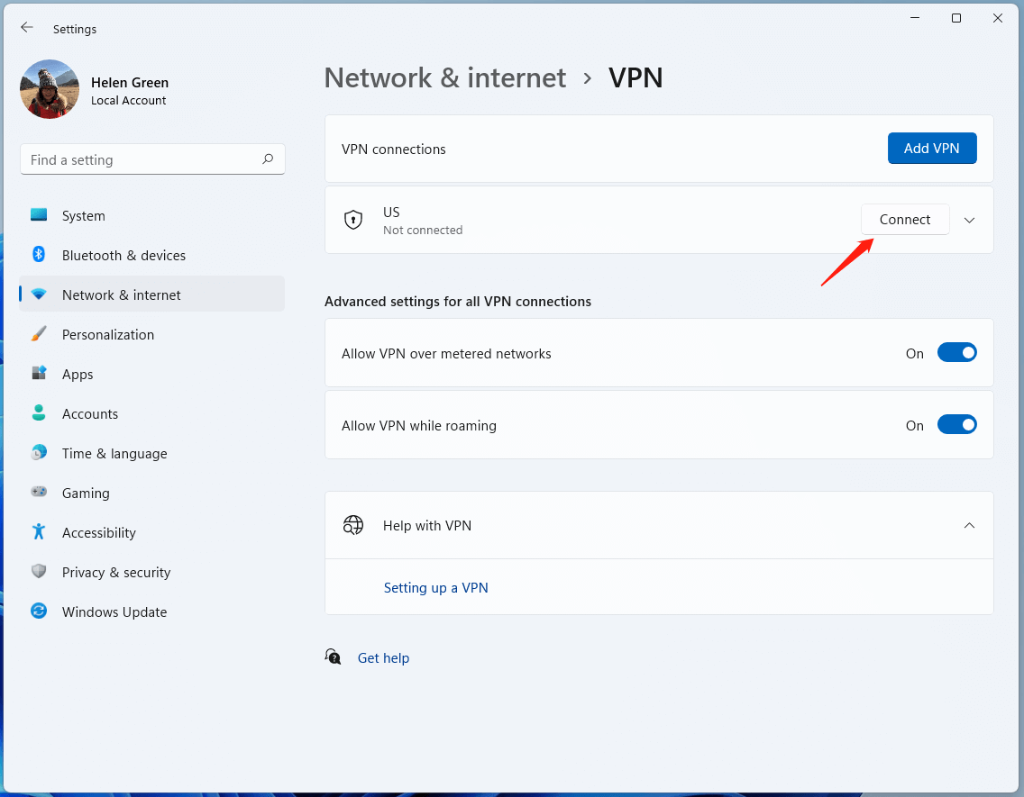 התחבר ל- VPN החדש שנוצר בהגדרות