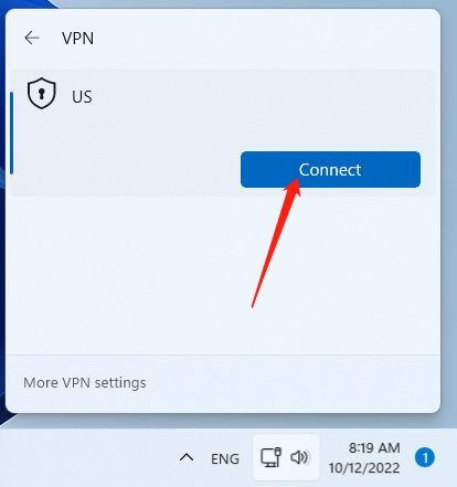 התחבר ל- VPN החדש שנוסף בשורת המשימות