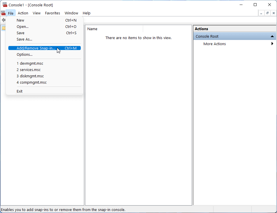 add/remove snap-in in Microsoft Management Console