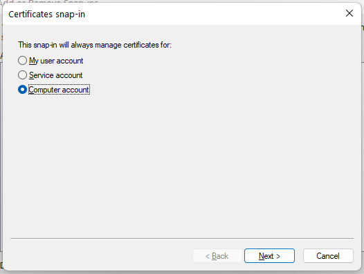 set certificates snap-in to manage computer account