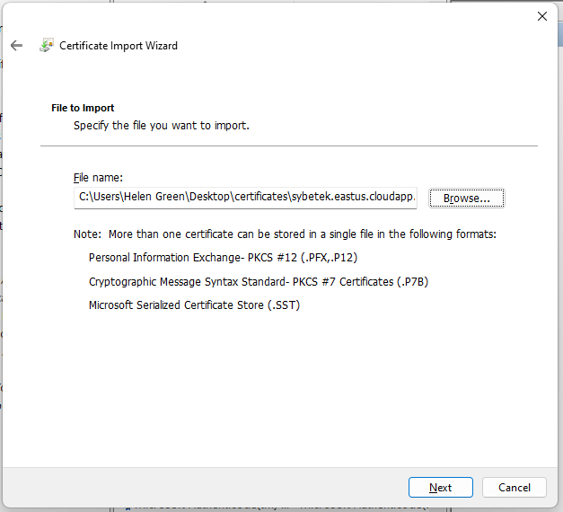 select certificate file to import