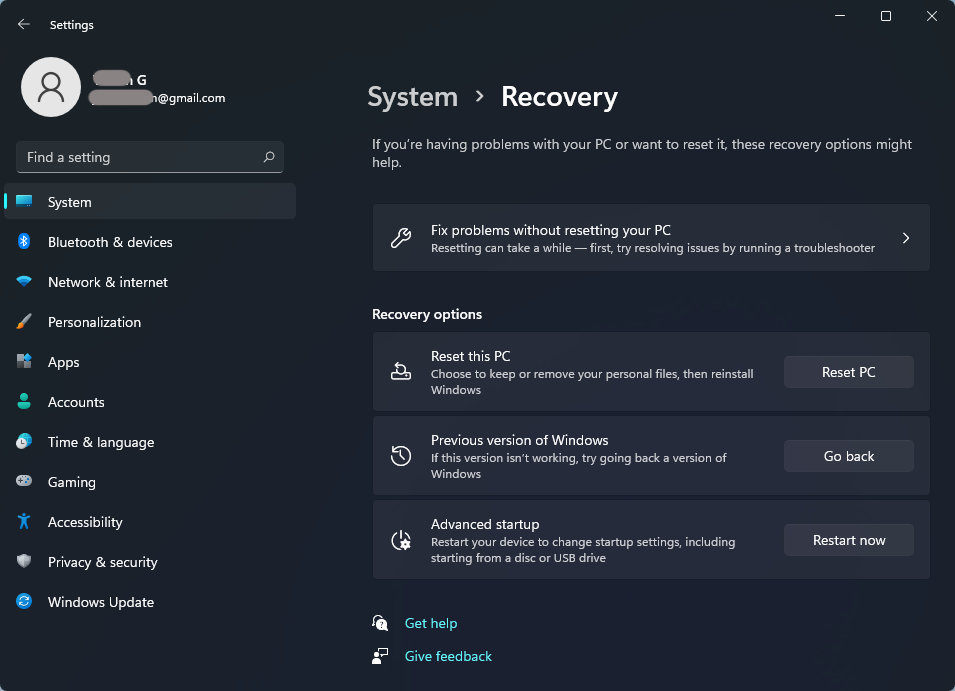Recovery in Windows 11 settings