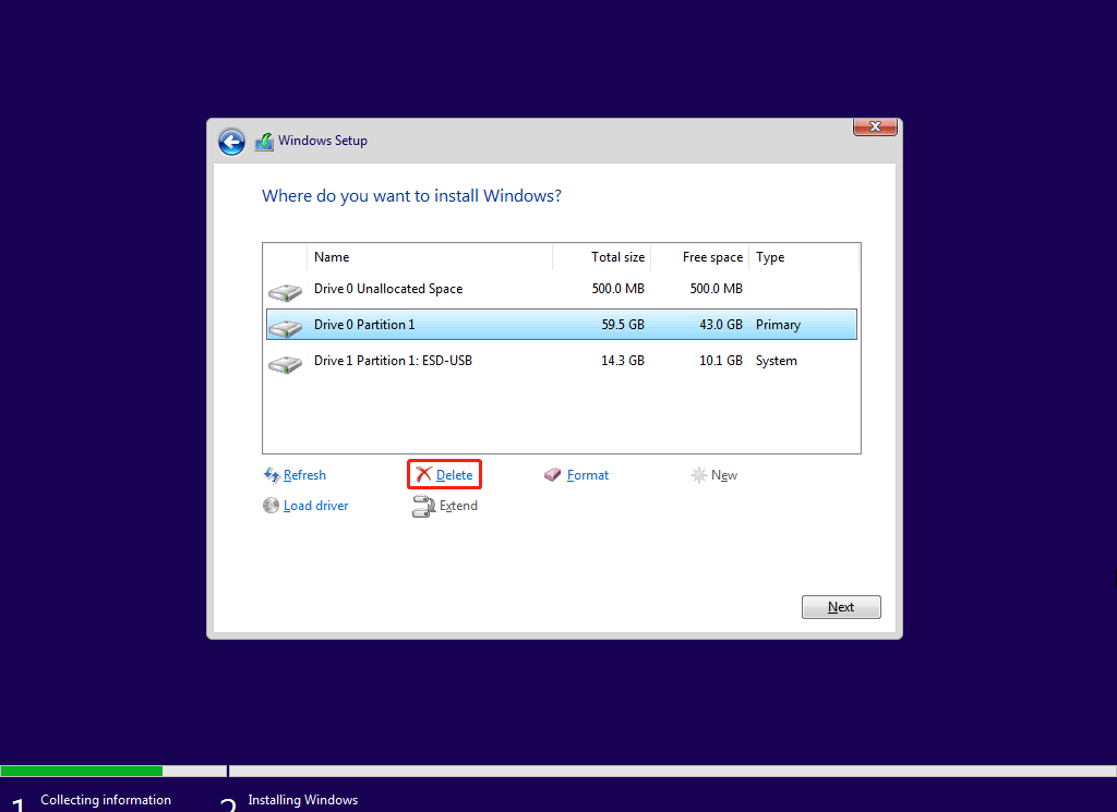 select the system partition to delete