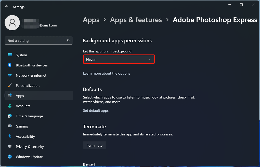 Gaming app setting. Background apps Windows 11. Focus Control disable Windows 11 via Notifications Center.