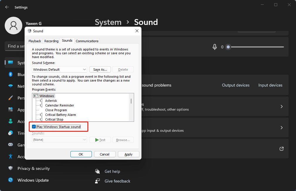 check Play Windows Startup sound in Windows 11